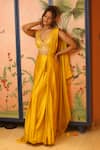 Shop_Izzumi Mehta_Yellow Blouse Organza Embroidery Zardosi V-neck Yoke With Pre-draped Saree _Online_at_Aza_Fashions