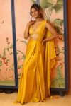 Izzumi Mehta_Yellow Blouse Organza Embroidery Zardosi V-neck Yoke With Pre-draped Saree _at_Aza_Fashions