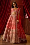 Buy_Kalighata_Pink Raw Silk Embroidered Zari V-neck Aahana Floral Bridal Lehenga Set _at_Aza_Fashions