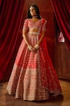 Buy_Kalighata_Pink Raw Silk Embroidered Zari V-neck Aahana Floral Bridal Lehenga Set _Online_at_Aza_Fashions