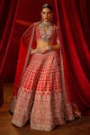 Buy_Kalighata_Red Raw Silk Embroidered Zari Sweetheart Aradhya Floral Checkered Lehenga Set _at_Aza_Fashions