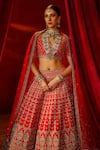 Kalighata_Red Raw Silk Embroidered Zari Sweetheart Aradhya Floral Checkered Lehenga Set _at_Aza_Fashions