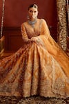 Buy_Kalighata_Orange Raw Silk Embroidered Zari V-neck Konkona Floral Swirl Bridal Lehenga Set _at_Aza_Fashions