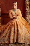 Shop_Kalighata_Orange Raw Silk Embroidered Zari V-neck Konkona Floral Swirl Bridal Lehenga Set _at_Aza_Fashions