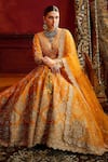 Shop_Kalighata_Orange Raw Silk Embroidered Zari V-neck Konkona Floral Swirl Bridal Lehenga Set _Online_at_Aza_Fashions