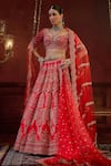 Shop_Kalighata_Red Raw Silk Embroidered Zari Sweetheart Wave Blossom Vine Bridal Lehenga Set _Online_at_Aza_Fashions