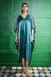 Buy_Keith Gomes_Green Satin Embroidered Thread V Neck Pearl Sheer Sleeve Kaftan _at_Aza_Fashions