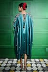 Shop_Keith Gomes_Green Satin Embroidered Thread V Neck Pearl Sheer Sleeve Kaftan _at_Aza_Fashions