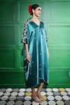 Keith Gomes_Green Satin Embroidered Thread V Neck Pearl Sheer Sleeve Kaftan _Online_at_Aza_Fashions