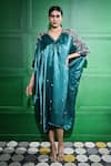 Shop_Keith Gomes_Green Satin Embroidered Thread V Neck Pearl Sheer Sleeve Kaftan _Online_at_Aza_Fashions