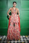 Buy_Keith Gomes_Red Georgette Printed Floral V Neck Peplum Tunic Gharara Set _at_Aza_Fashions