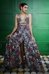 Shop_Keith Gomes_Green Georgette Printed Floral Blunt V Jumpsuit _Online_at_Aza_Fashions