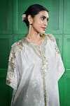 Buy_Keith Gomes_Silver Foil Crepe Embroidered Glass Bead Tie-up Sleeve Kaftan _Online_at_Aza_Fashions