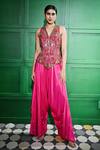 Buy_Keith Gomes_Pink Silk Organza Embroidered Glass Bead V Floral Peplum Top With Draped Pant _at_Aza_Fashions