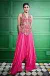 Keith Gomes_Pink Silk Organza Embroidered Glass Bead V Floral Peplum Top With Draped Pant _at_Aza_Fashions