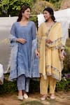 Buy_NAAZ BY NOOR_Blue Kurta Fine Cotton Chanderi Embroidery African Lily Field Border Set _Online_at_Aza_Fashions