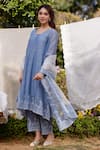 Shop_NAAZ BY NOOR_Blue Kurta Fine Cotton Chanderi Embroidery African Lily Field Border Set _Online_at_Aza_Fashions