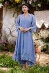 NAAZ BY NOOR_Blue Kurta Fine Cotton Chanderi African Lily Field Border A-line Set _Online_at_Aza_Fashions