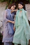 Shop_NAAZ BY NOOR_Blue Kurta Chanderi Tissue Embroidery Sequin Notched Butterfly Placket Set _Online_at_Aza_Fashions