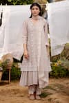 Buy_NAAZ BY NOOR_Grey Kurta Fine Cotton Chanderi Embroidery Thread V Neck Iris Field Set _at_Aza_Fashions