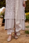 NAAZ BY NOOR_Grey Kurta Fine Cotton Chanderi Embroidery Thread V Neck Iris Field Set _at_Aza_Fashions