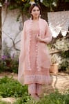 Buy_NAAZ BY NOOR_Pink Kurta Chanderi Tissue Embroidery Lace Thread Cherry Blossom Border Set _at_Aza_Fashions