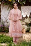 NAAZ BY NOOR_Pink Kurta Chanderi Tissue Embroidery Lace Thread Cherry Blossom Border Set _Online_at_Aza_Fashions