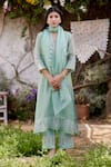 Shop_NAAZ BY NOOR_Green Kurta Chanderi Tissue Embroidery Lace Thread V Neck Rosa Work Set _Online_at_Aza_Fashions