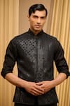 Tarun Tahiliani_Black Silk Double Ggt Embroidered Tonal Diamonds Chikankari Waistcoat _Online_at_Aza_Fashions