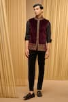 Buy_Tarun Tahiliani_Wine Cotton Velvet Embroidered Marori Waistcoat _at_Aza_Fashions