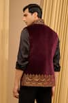 Shop_Tarun Tahiliani_Wine Cotton Velvet Embroidered Marori Waistcoat _at_Aza_Fashions