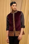 Tarun Tahiliani_Wine Cotton Velvet Embroidered Marori Waistcoat _Online_at_Aza_Fashions