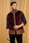 Buy_Tarun Tahiliani_Wine Cotton Velvet Embroidered Marori Waistcoat _Online_at_Aza_Fashions