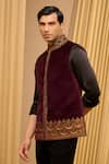 Shop_Tarun Tahiliani_Wine Cotton Velvet Embroidered Marori Waistcoat _Online_at_Aza_Fashions