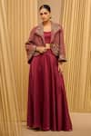 Buy_Tarun Tahiliani_Wine Cotton Wool Slub Hand Embroidered Floral Lapel Jewel Jacket _at_Aza_Fashions