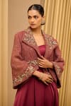 Shop_Tarun Tahiliani_Wine Cotton Wool Slub Hand Embroidered Floral Lapel Jewel Jacket _Online_at_Aza_Fashions