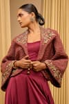 Tarun Tahiliani_Wine Cotton Wool Slub Hand Embroidered Floral Lapel Jewel Jacket _at_Aza_Fashions