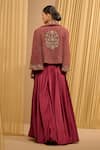 Shop_Tarun Tahiliani_Wine Cotton Wool Slub Hand Embroidered Floral Lapel Jewel Jacket _at_Aza_Fashions