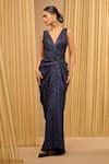 Buy_Tarun Tahiliani_Blue Crinkle Shimmer Plunged V Draped Dress _at_Aza_Fashions