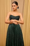 Tarun Tahiliani_Emerald Green Crinkle Shimmer Plunged Strapless Neck Flared Corset Gown _Online_at_Aza_Fashions