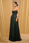 Buy_Tarun Tahiliani_Emerald Green Crinkle Shimmer Plunged Strapless Neck Flared Corset Gown _Online_at_Aza_Fashions