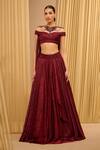 Buy_Tarun Tahiliani_Wine Crinkle Shimmer Off Shoulder Draped Lehenga And Blouse Set _at_Aza_Fashions