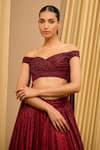 Tarun Tahiliani_Wine Crinkle Shimmer Off Shoulder Draped Lehenga And Blouse Set _Online_at_Aza_Fashions