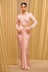 Buy_Tarun Tahiliani_Pink Satin Embellished Brooch Collar Wrap-around Draped Top And Skirt Co-ord Set _at_Aza_Fashions