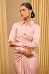 Shop_Tarun Tahiliani_Pink Satin Embellished Brooch Collar Wrap-around Draped Top And Skirt Co-ord Set _Online_at_Aza_Fashions