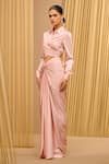 Tarun Tahiliani_Pink Satin Embellished Brooch Collar Wrap-around Draped Top And Skirt Co-ord Set _at_Aza_Fashions