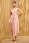 Buy_Tarun Tahiliani_Pink Satin Embellished Floral Illusion Boat Neck Draped Dress _at_Aza_Fashions