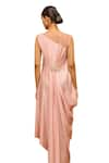 Tarun Tahiliani_Pink Satin Embellished Floral Illusion Boat Neck Draped Dress _Online_at_Aza_Fashions