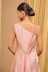 Buy_Tarun Tahiliani_Pink Satin Embellished Floral Illusion Boat Neck Draped Dress _Online_at_Aza_Fashions