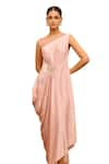 Buy_Tarun Tahiliani_Pink Satin Embellished Floral Illusion Boat Neck Draped Dress 